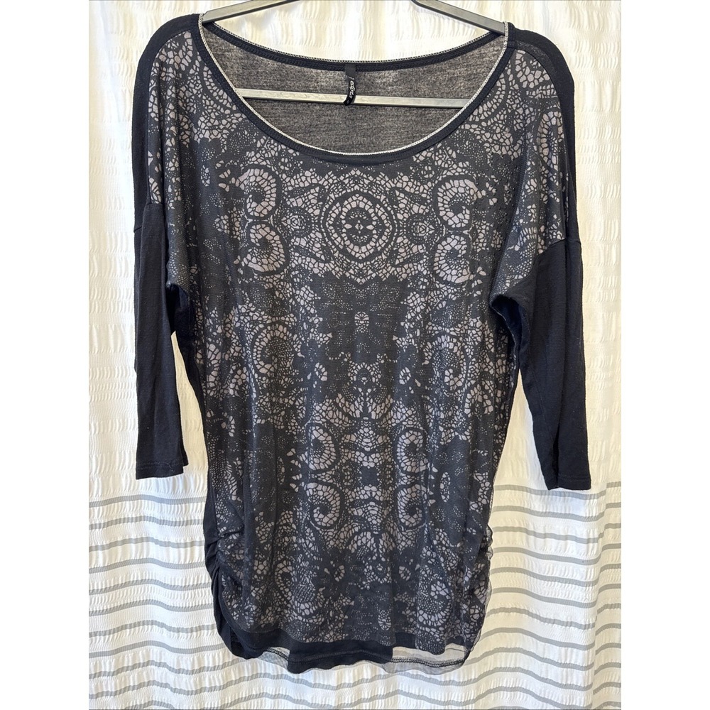 edista Black Mesh Lace Print Dolman Sleeve Top Womens Medium‎ Made in USA whimsy